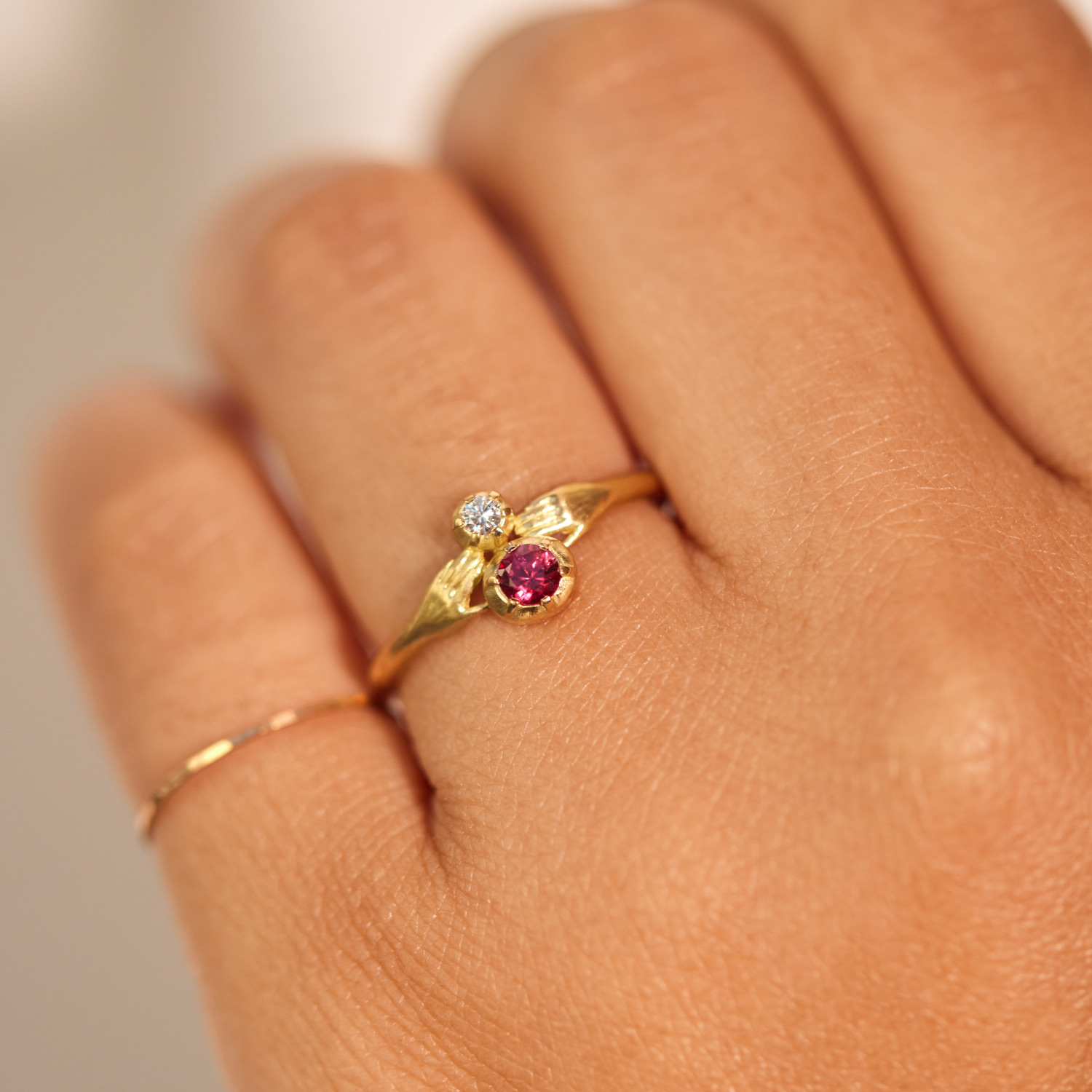 Tiny Hands Ring, Ruby and Diamond 