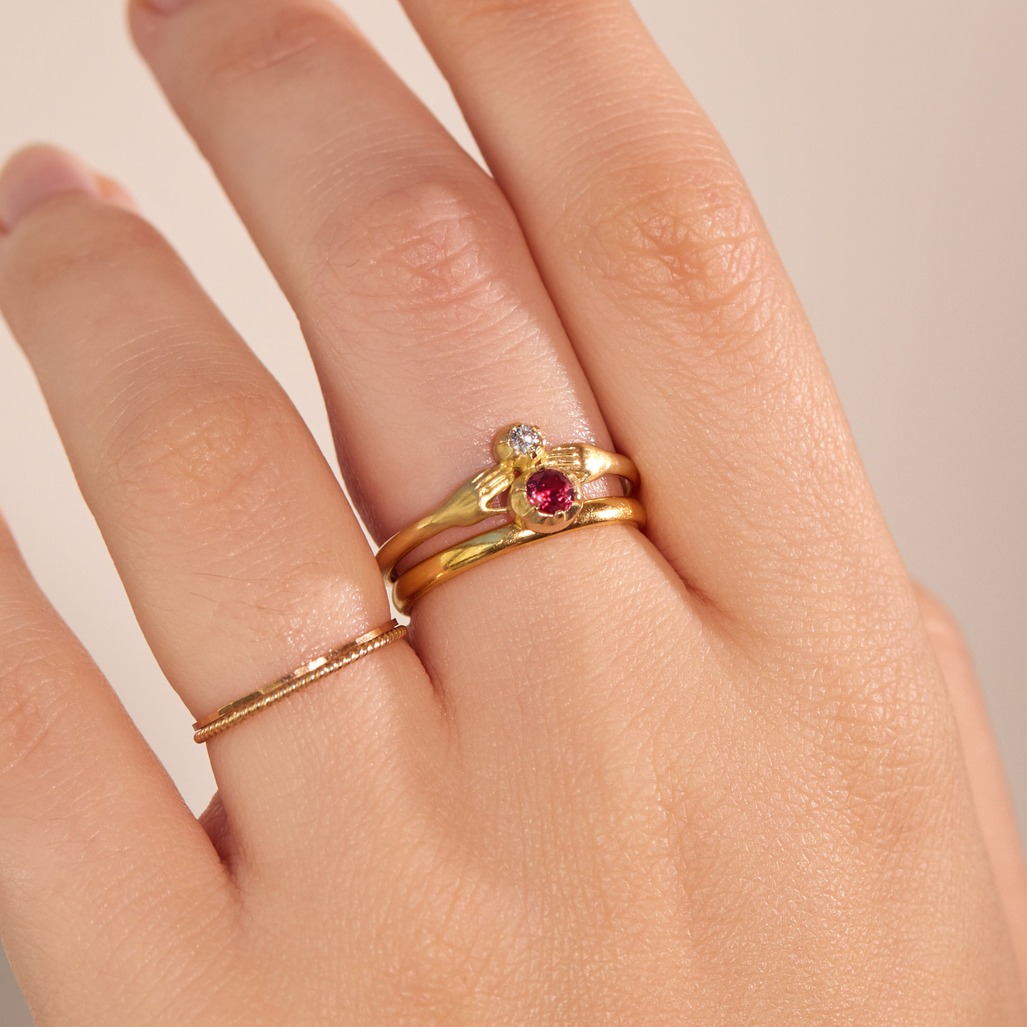 Tiny Hands Ring, Ruby and Diamond