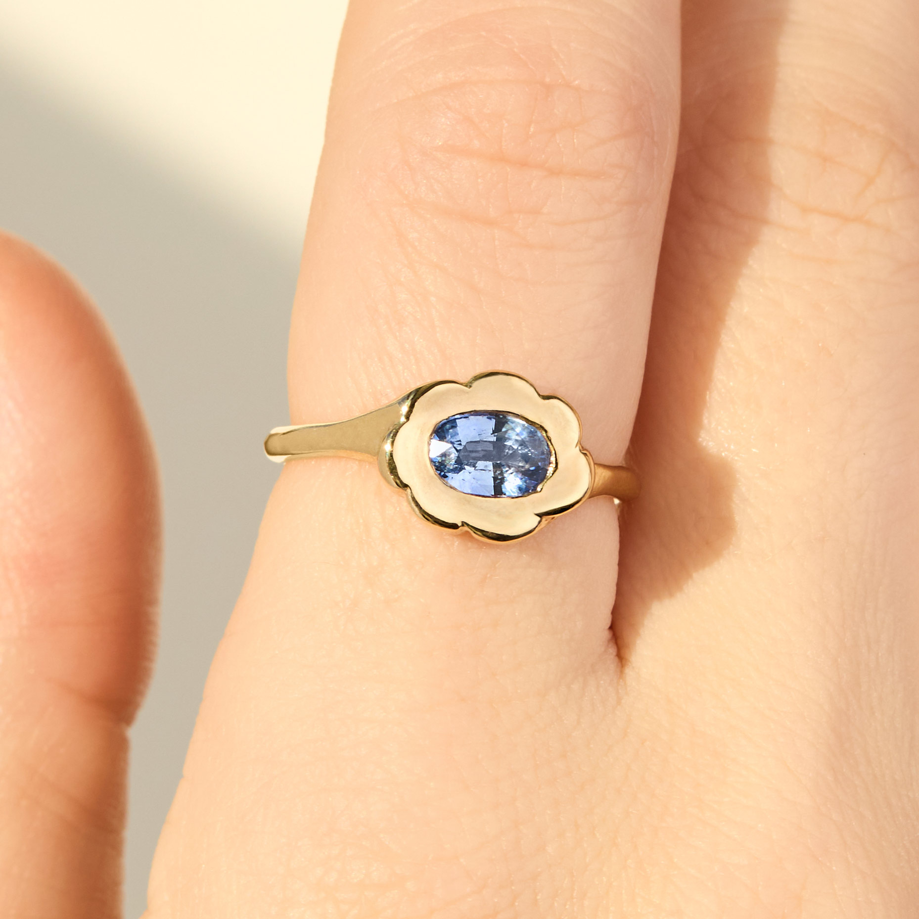 Twisty Croissant Blue Sapphire Floral Ring 