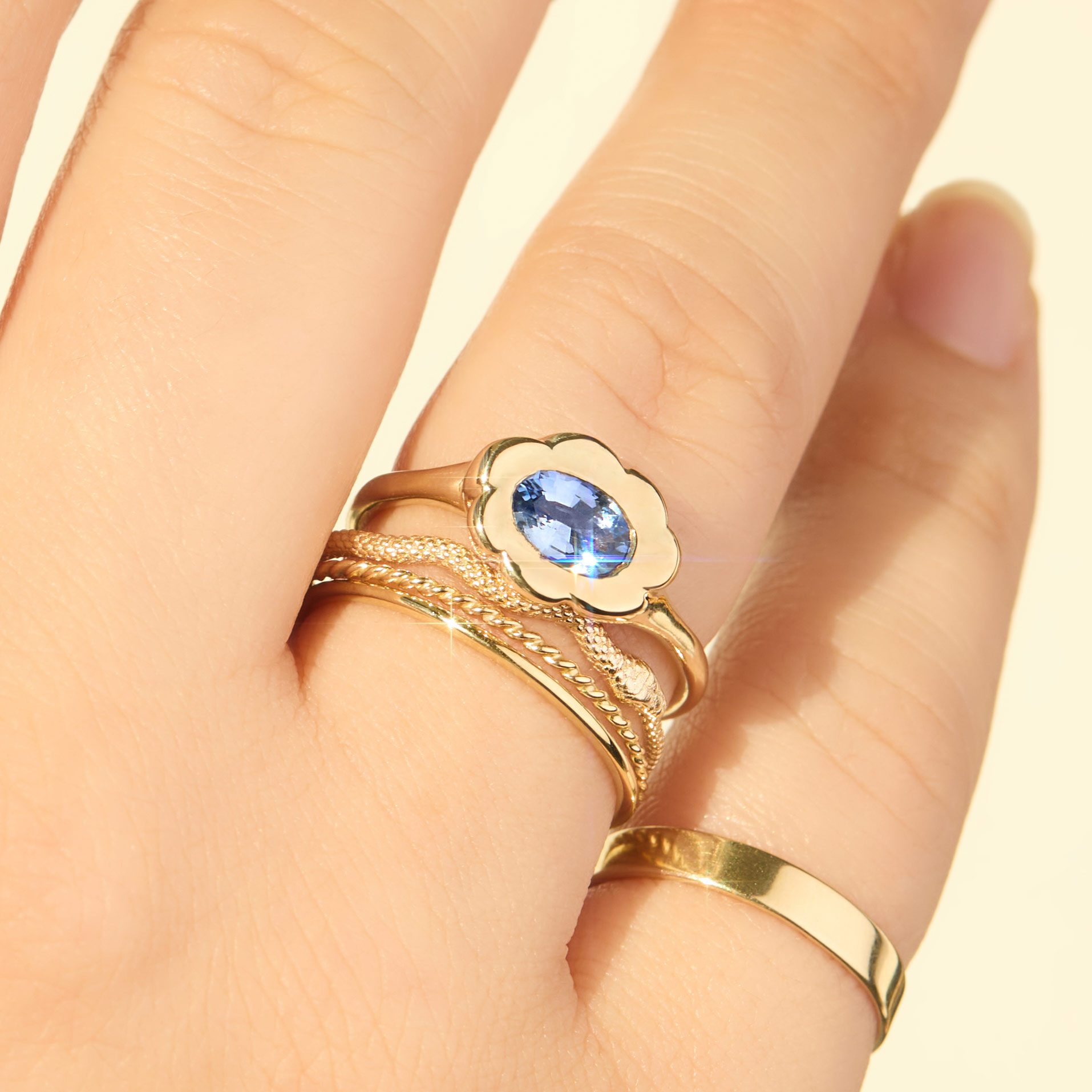 Twisty Croissant Blue Sapphire Floral Ring
