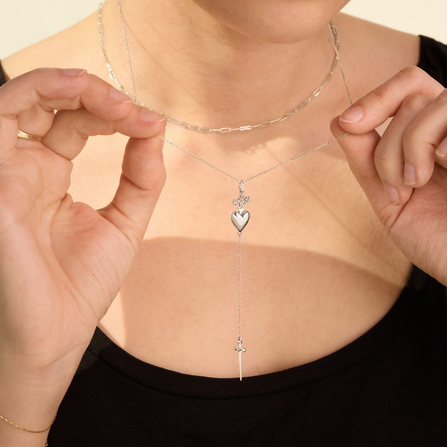Silver Sacred Heart Drop Necklace 