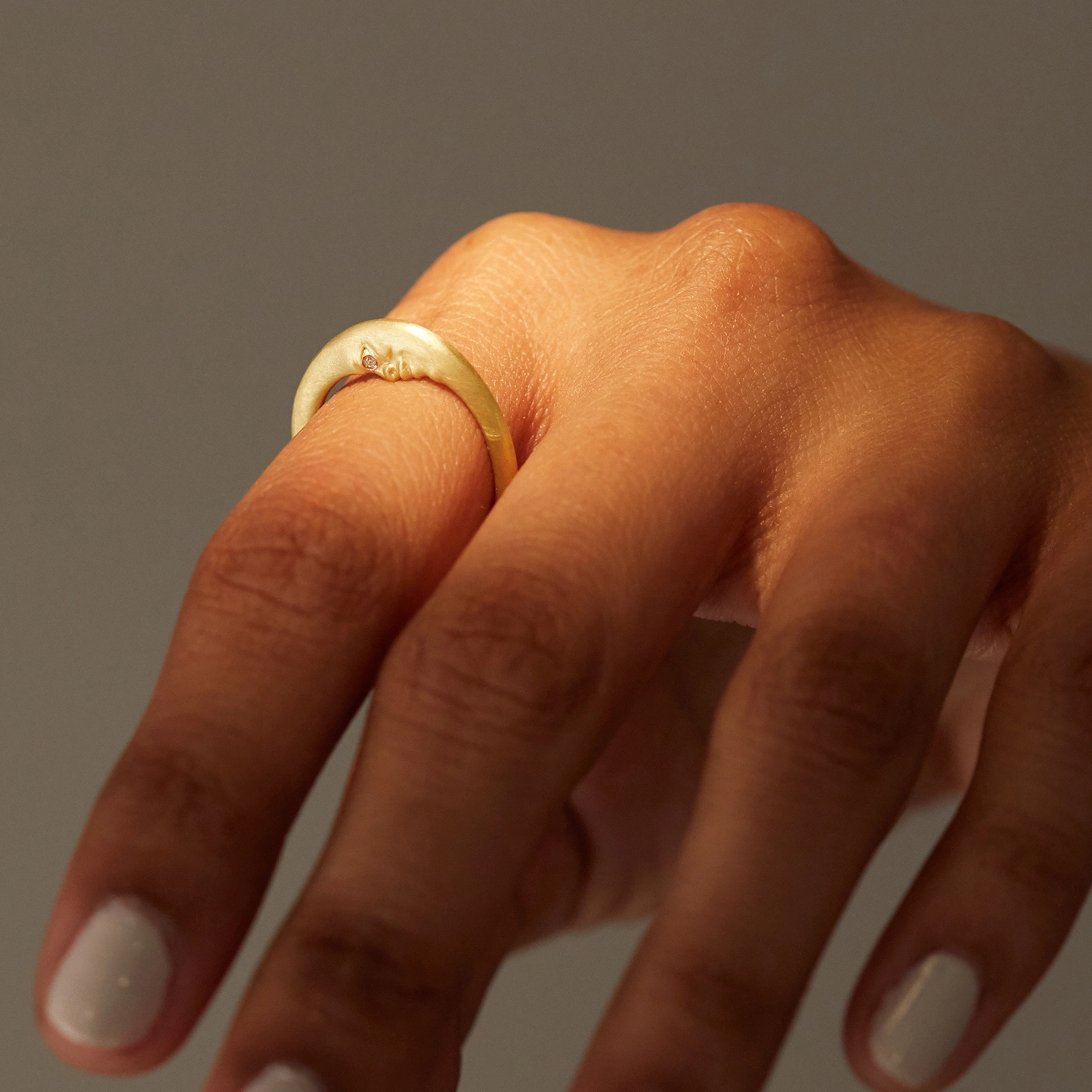 Crescent Moonface Ring with Diamond Eyes 