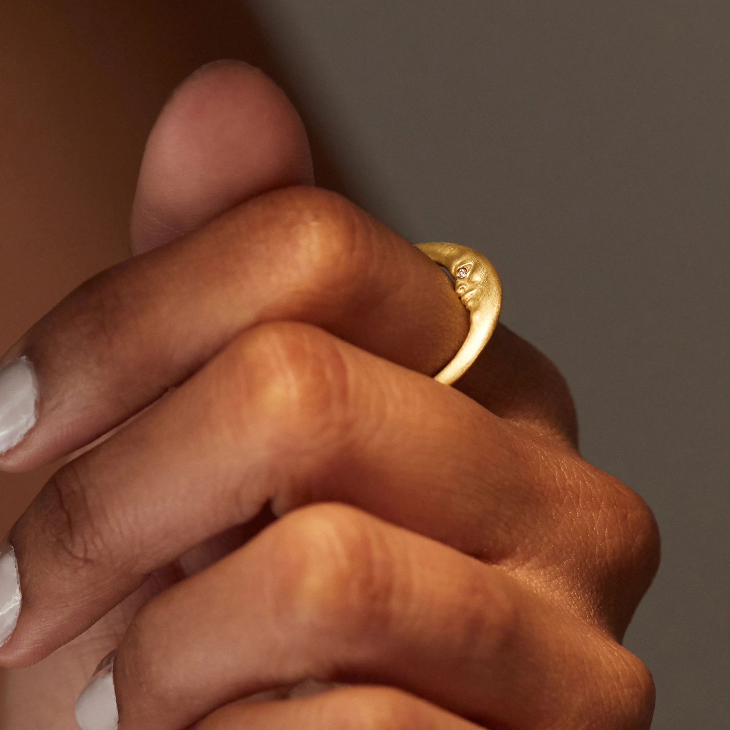 Crescent Moonface Ring with Diamond Eyes